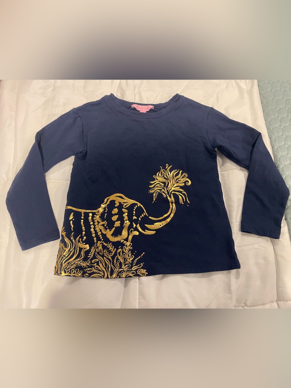 Lilly Pulitzer Navy Long-Sleeve Tee Shirt Gold Elephant Graphic Cotton Blend 6/7